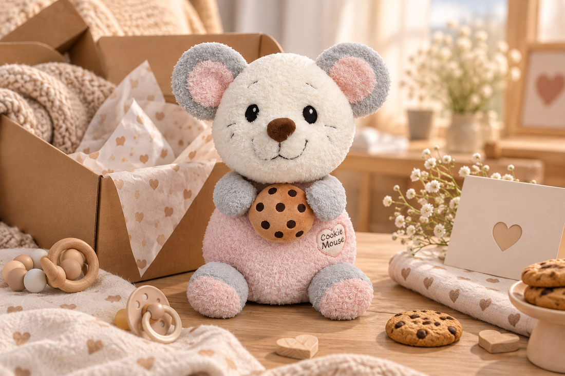 Peluche Cookie Mouse junto a su packaging y accesorios para bebé, preparado para su lanzamiento como regalo especial.