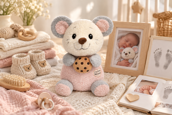 Cookie Mouse junto a recuerdos del primer año de un bebé, con fotografías, huellas, ropa y pequeños objetos que simbolizan sus primeros momentos.